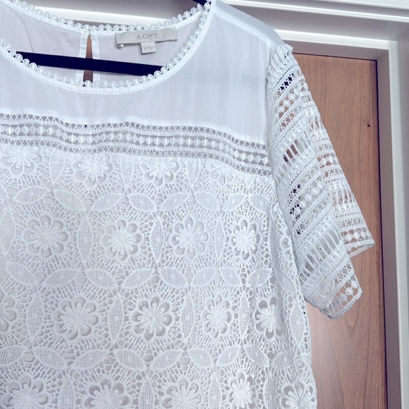 LOFT white eyelet lace blouse crochet top Womens XL sheer keyhole back Romantic - Picture 3 of 10